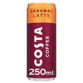 A 250ml Costa - Caramel Latte Coffee features an orange and maroon can with bold white text, offering a delicious ready-to-drink coffee option for caramel latte enthusiasts.